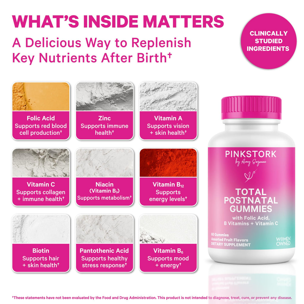 Pink Stork Total Postnatal Vitamin Gummies - Multivitamin for Postpartum Recovery and Lactation Support - Folic Acid, B6, and Vitamin C - FENGGESTORE20