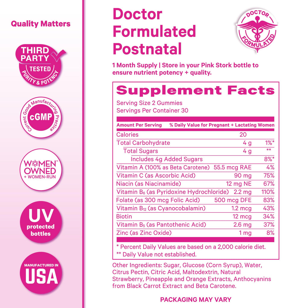 Pink Stork Total Postnatal Vitamin Gummies - Multivitamin for Postpartum Recovery and Lactation Support - Folic Acid, B6, and Vitamin C - FENGGESTORE20