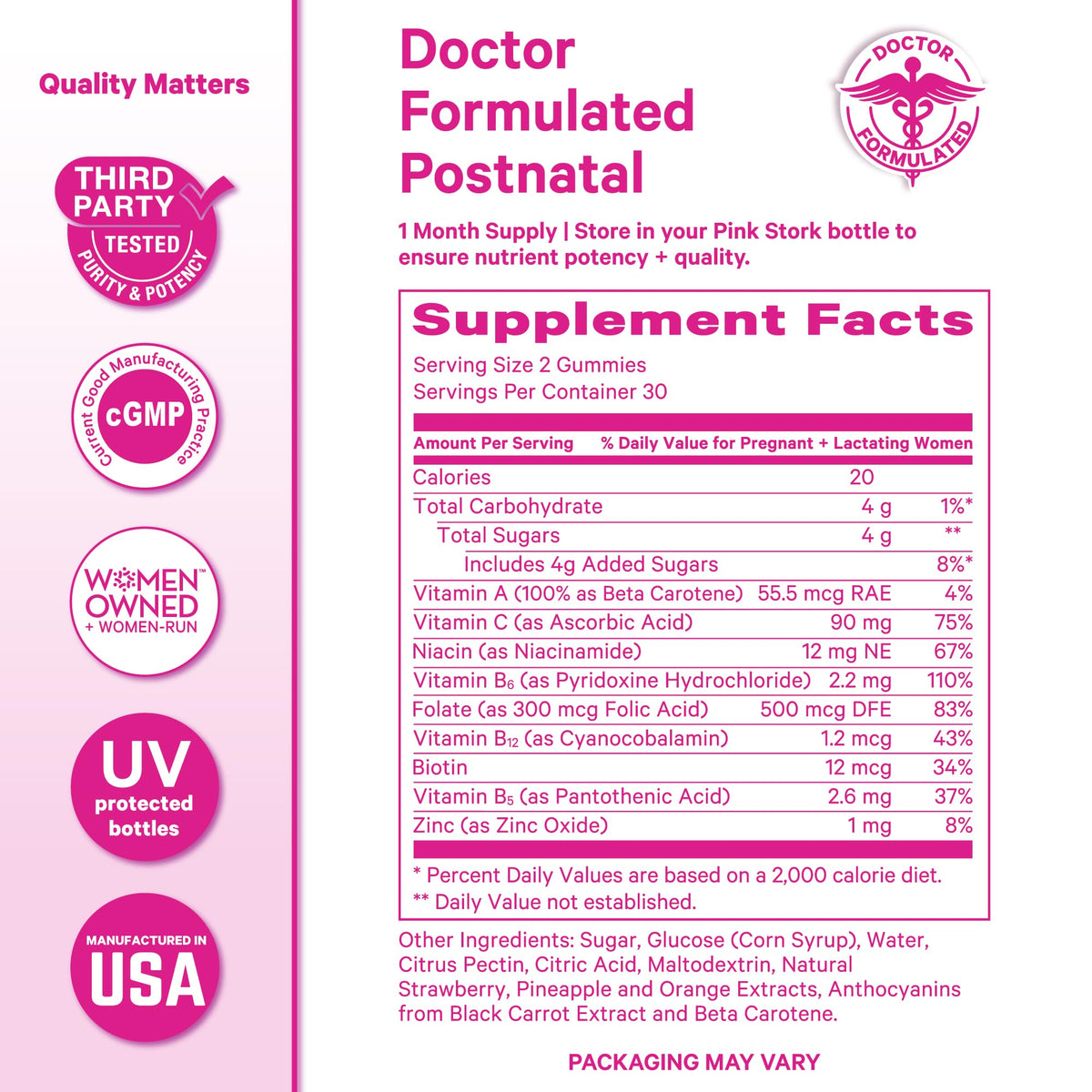Pink Stork Total Postnatal Vitamin Gummies - Multivitamin for Postpartum Recovery and Lactation Support - Folic Acid, B6, and Vitamin C - FENGGESTORE20