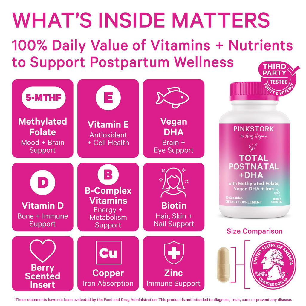 Pink Stork Total Postnatal Vitamins for Women | Vegan DHA, Iron, Folate, B12 | Postpartum Recovery Essentials | Lactation Support for Breastfeeding Moms - FENGGESTORE20