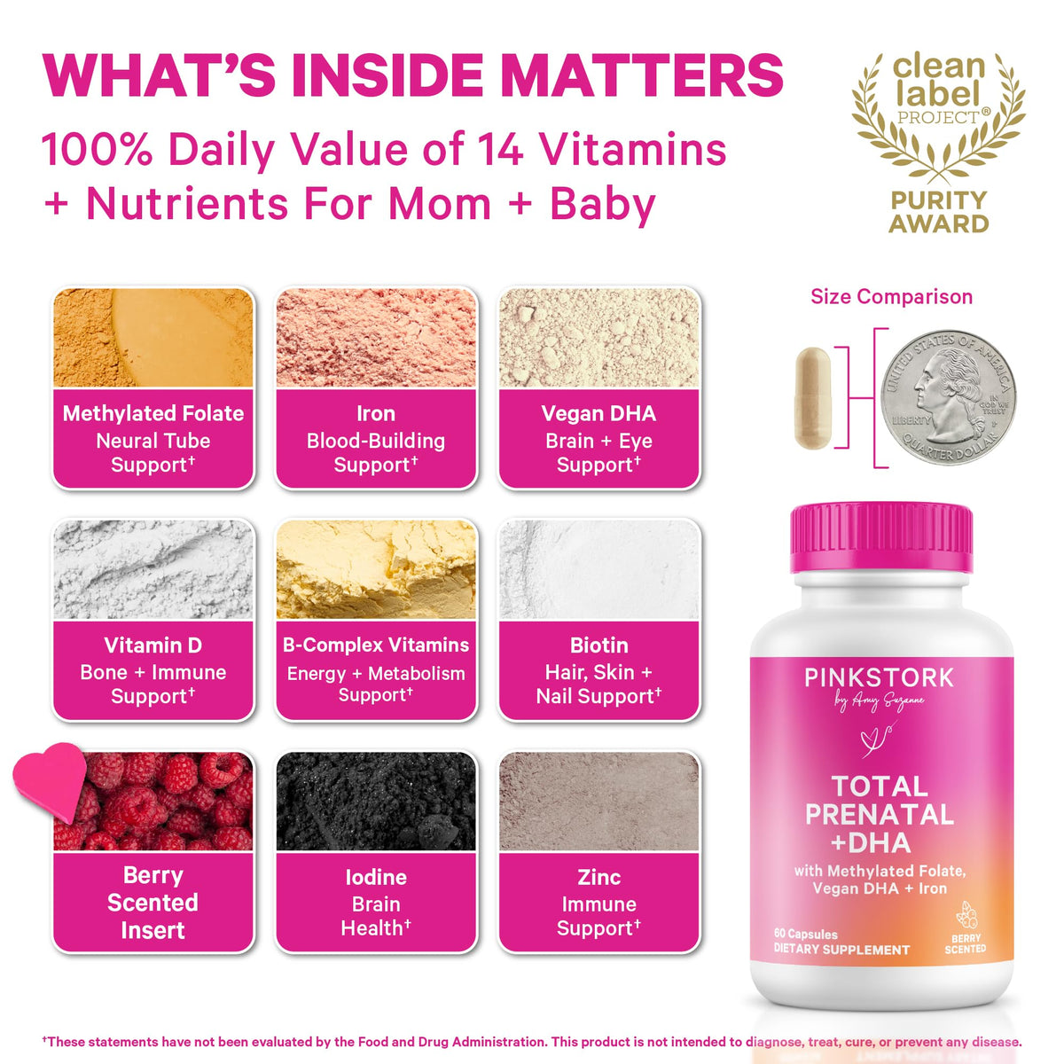 Pink Stork Total Prenatal Vitamins with DHA, Folate, Iron, Choline, and Vitamin B12 - Prenatals for Women to Support Fetal Development, Pregnancy Essentials - FENGGESTORE20