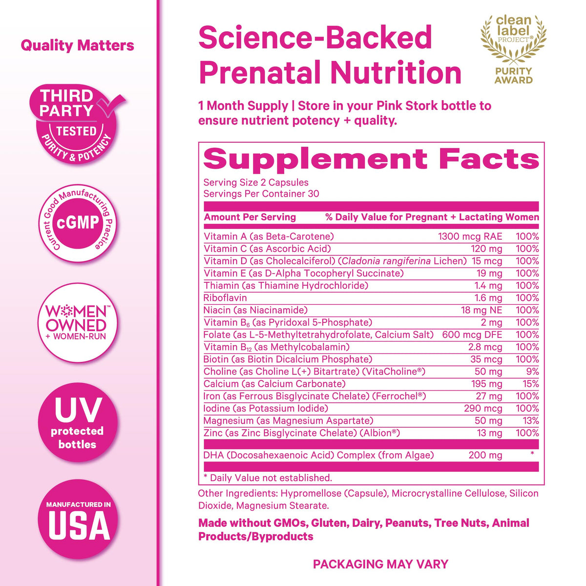 Pink Stork Total Prenatal Vitamins with DHA, Folate, Iron, Choline, and Vitamin B12 - Prenatals for Women to Support Fetal Development, Pregnancy Essentials - FENGGESTORE20