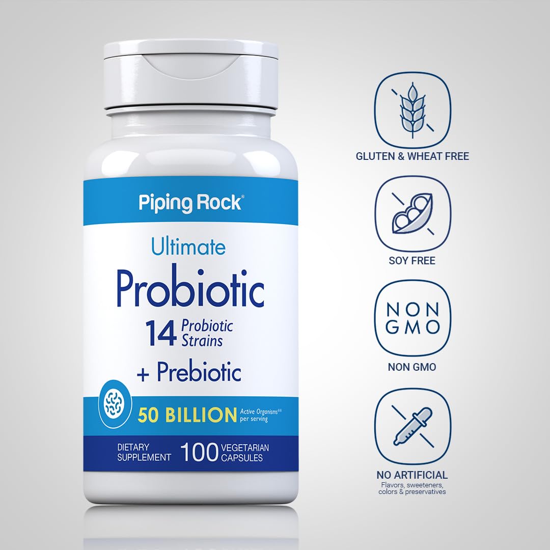 Piping Rock Probiotic and Prebiotic for Women and Men | 50 Billion CFU | 100 Capsules | Ultimate 14 Strain Supplement | Vegetarian, Non-GMO, Gluten Free - FENGGESTORE20