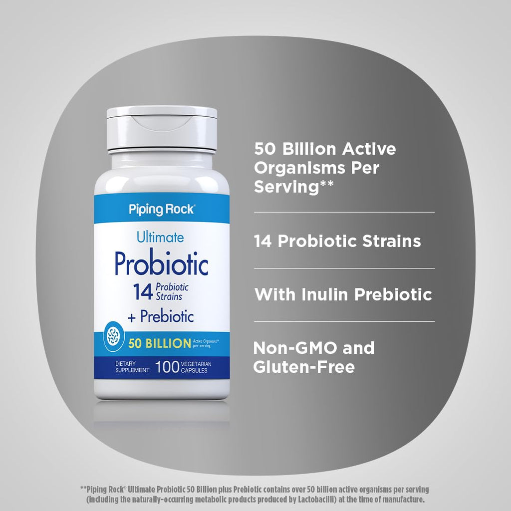Piping Rock Probiotic and Prebiotic for Women and Men | 50 Billion CFU | 100 Capsules | Ultimate 14 Strain Supplement | Vegetarian, Non-GMO, Gluten Free - FENGGESTORE20