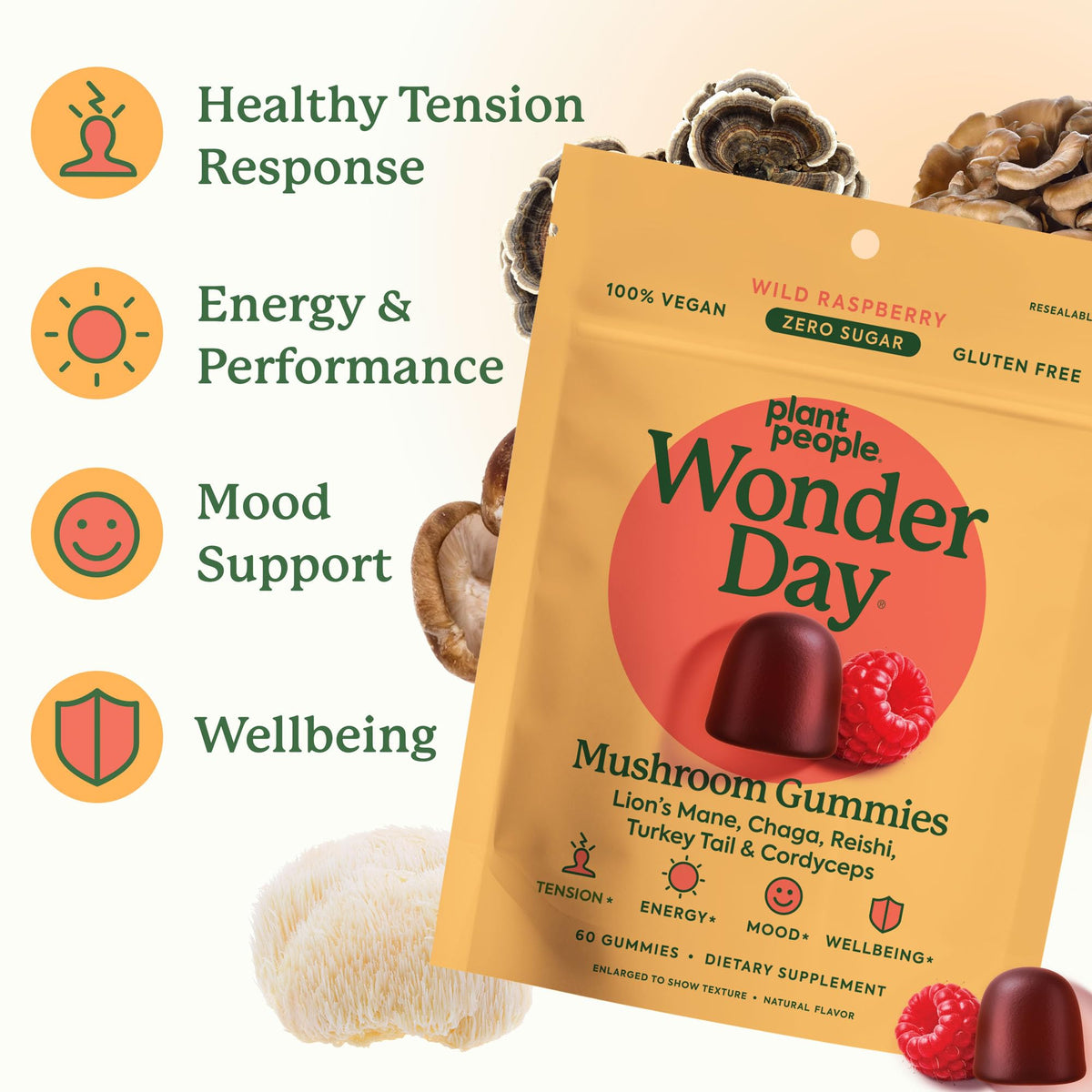 Plant People WonderDay Mushroom Gummies - Lion’s Mane, Cordyceps, Chaga Mushroom Supplement to Support Immune System De-Stress Boost Mood & Energy in Adults Natural - FENGGESTORE20