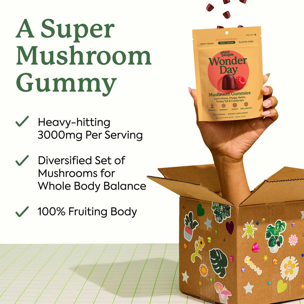 Plant People WonderDay Mushroom Gummies - Lion’s Mane, Cordyceps, Chaga Mushroom Supplement to Support Immune System De-Stress Boost Mood & Energy in Adults Natural - FENGGESTORE20