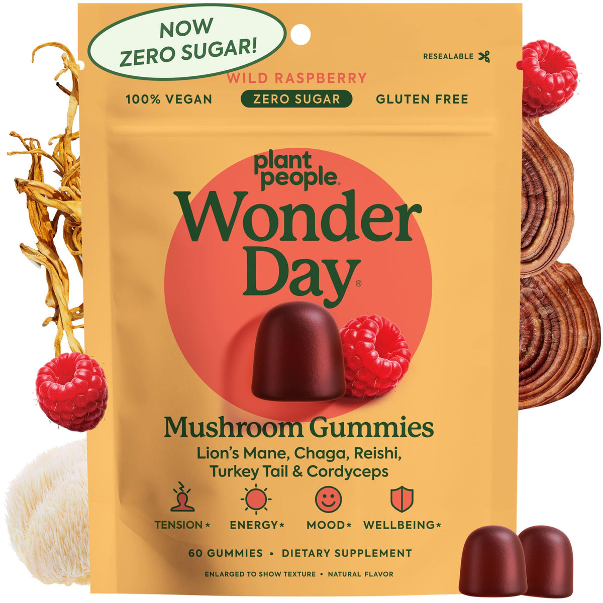 Plant People WonderDay Mushroom Gummies - Lion’s Mane, Cordyceps, Chaga Mushroom Supplement to Support Immune System De-Stress Boost Mood & Energy in Adults Natural - FENGGESTORE20