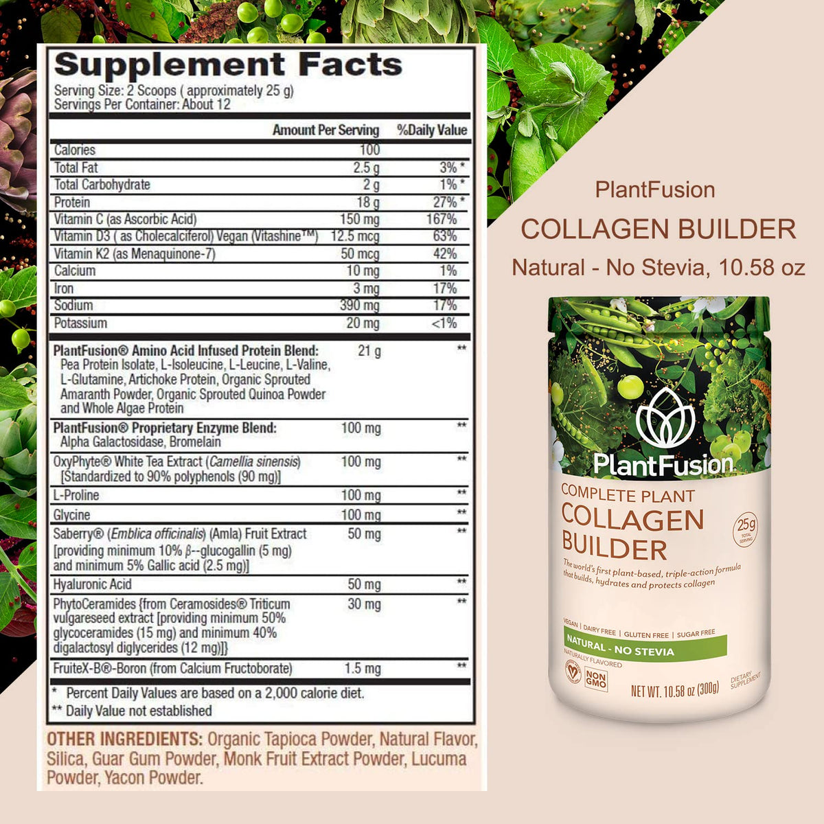 PlantFusion Vegan Collagen Powder - Plant Based Collagen Protein Powder For Muscle & Joints, Hair, Skin & Nails - Keto, Gluten Free, Soy Free, Non-Dairy, No Sugar, Non-GMO - Unflavored 10.58 oz - FENGGESTORE20