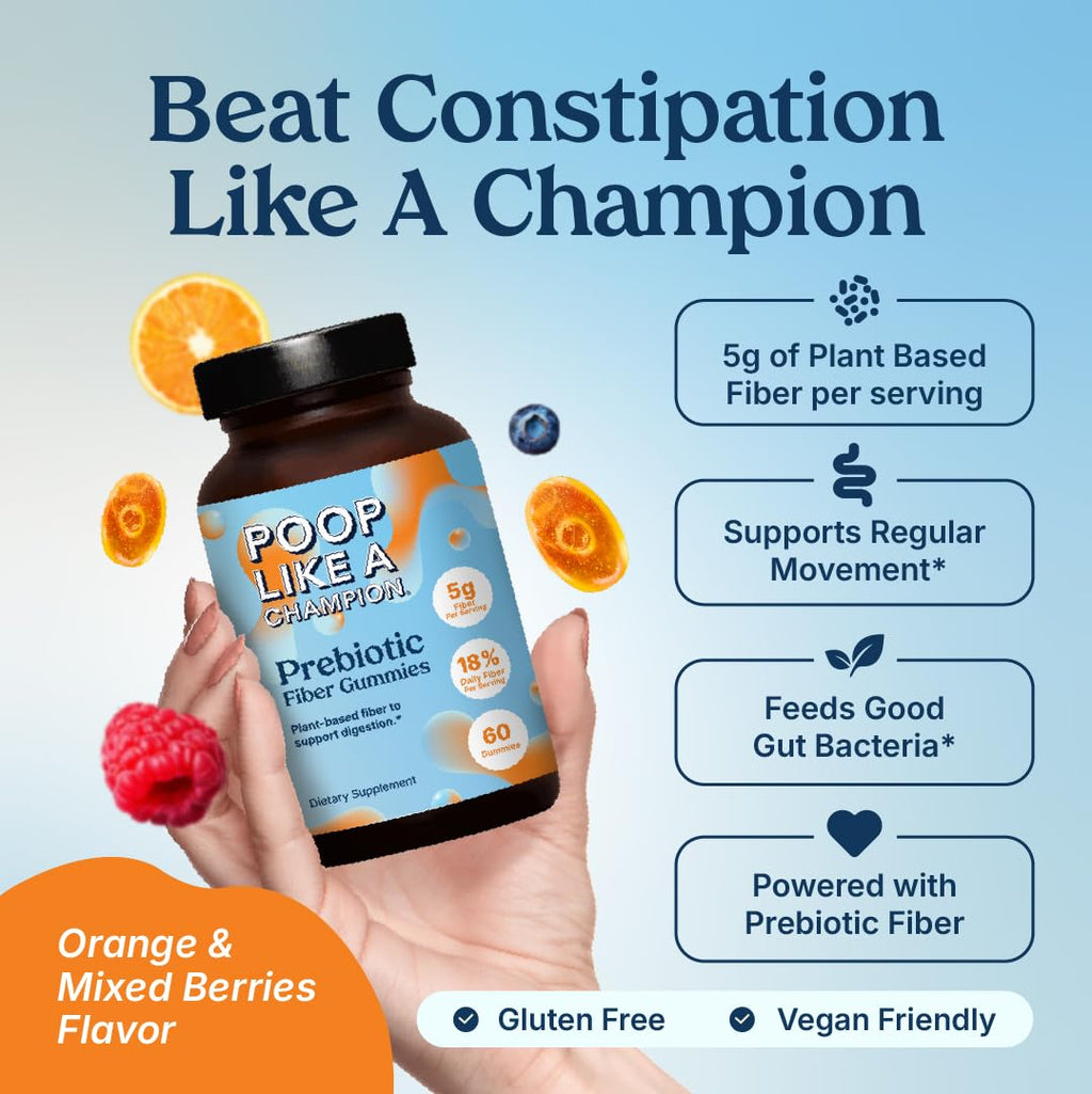 Poop Like a Champion Fiber Gummies – 5g Fiber per Serving, Non-GMO, Vegan, Digestive Support, 60 Pieces per Bottle - FENGGESTORE20