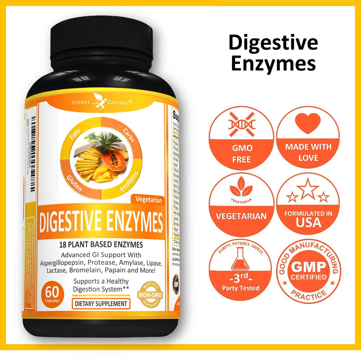 Potent Garden Digestive Enzymes -18 Plant Based Enzymes with amylase lipase bromelain Protease lactase & Other Enzymes - One Pre Meal Pill Supports Healthy - FENGGESTORE20