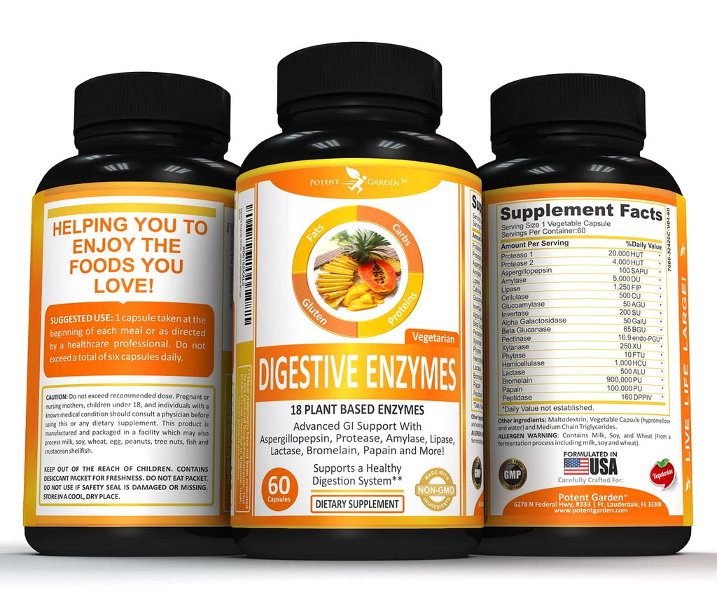 Potent Garden Digestive Enzymes -18 Plant Based Enzymes with amylase lipase bromelain Protease lactase & Other Enzymes - One Pre Meal Pill Supports Healthy - FENGGESTORE20