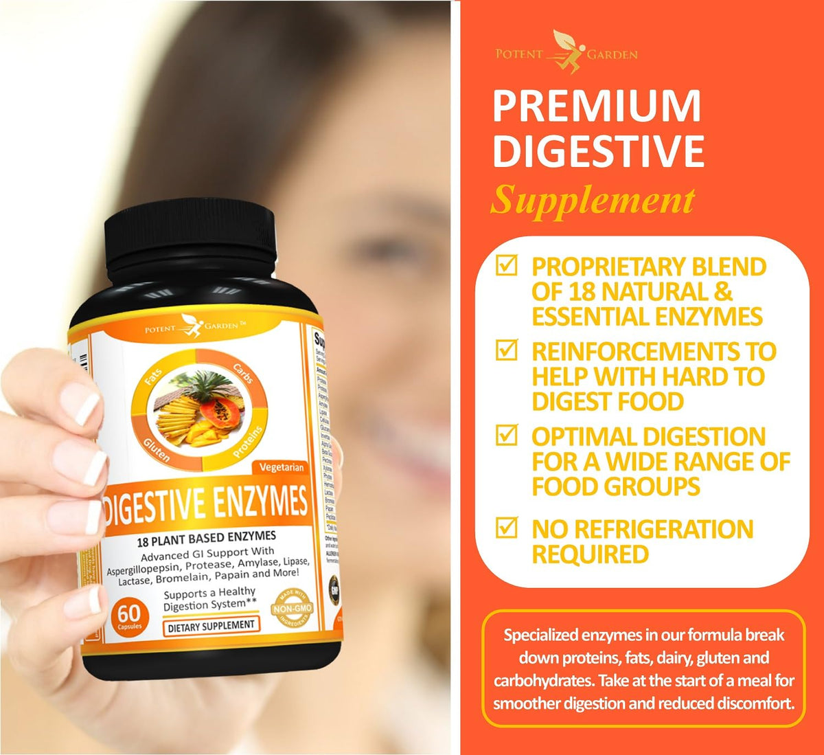 Potent Garden Digestive Enzymes -18 Plant Based Enzymes with amylase lipase bromelain Protease lactase & Other Enzymes - One Pre Meal Pill Supports Healthy - FENGGESTORE20