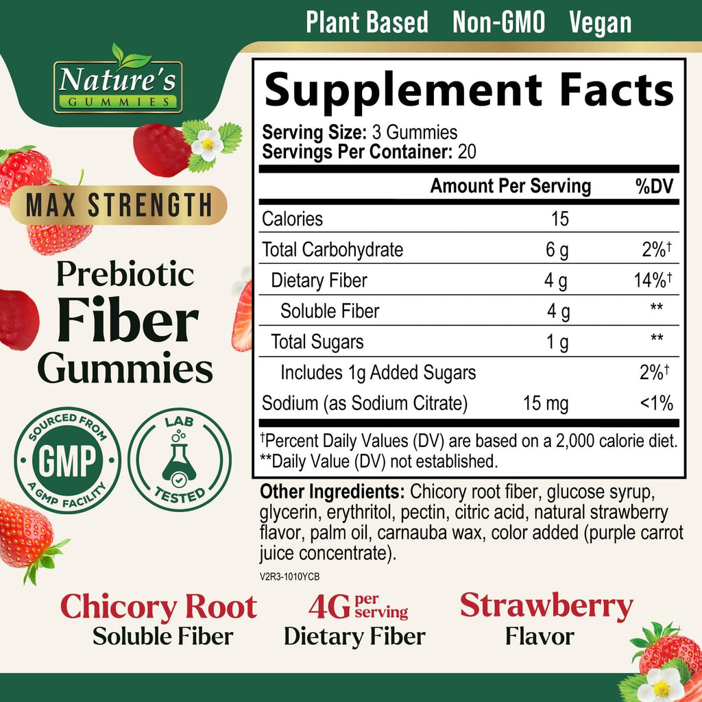 Prebiotic Fiber Gummies - 4g Dietary Fiber Per Serving - Extra Strength Daily Supplement for Adults - Tasty Strawberry Flavor - Plant Based Digestive - FENGGESTORE20
