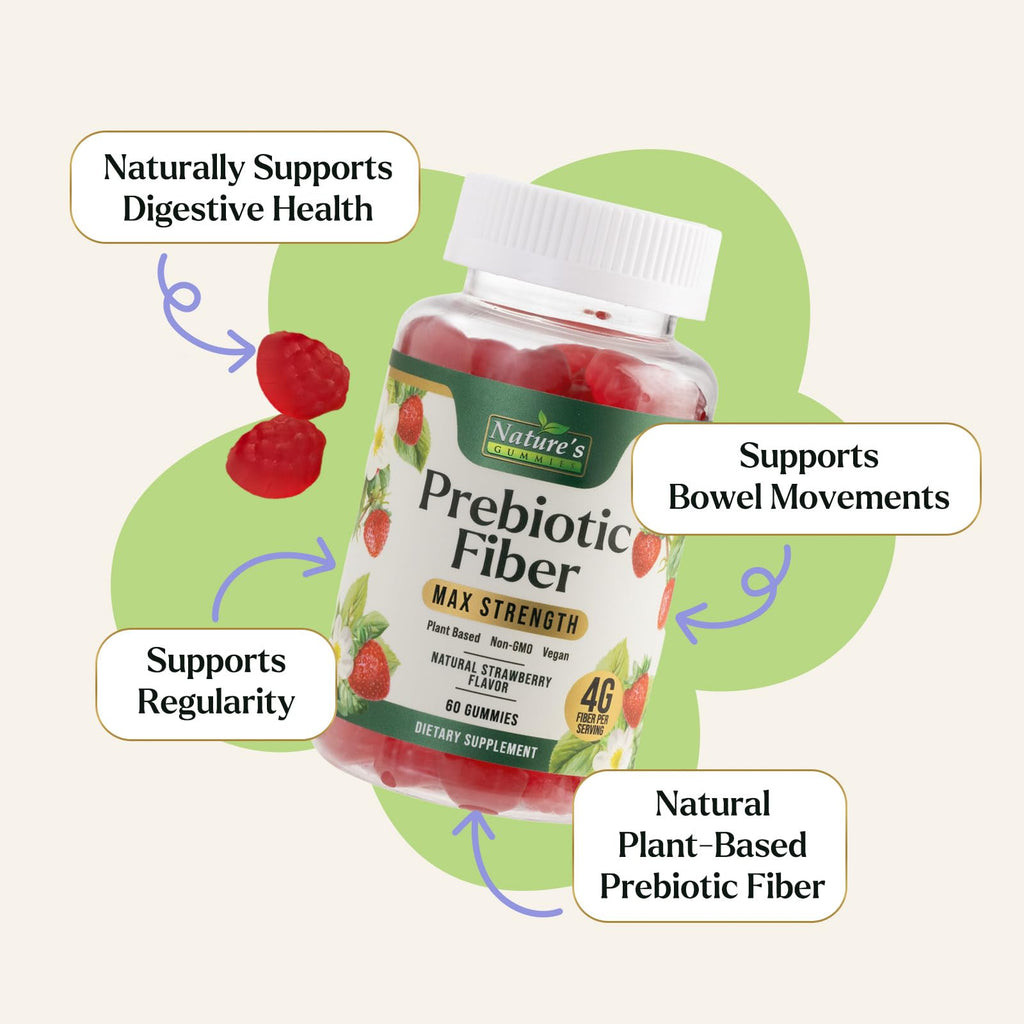 Prebiotic Fiber Gummies - 4g Dietary Fiber Per Serving - Extra Strength Daily Supplement for Adults - Tasty Strawberry Flavor - Plant Based Digestive - FENGGESTORE20