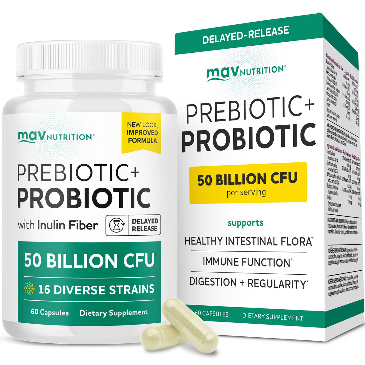 Prebiotics and Probiotics | 50 Billion CFU, 16 Probiotic Strains & Inulin Prebiotic Fiber | Delayed Release Capsules | Gut Health Support | Prebiotics and Probiotics for Women & Men | Non-GMO | 60 Ct - FENGGESTORE20