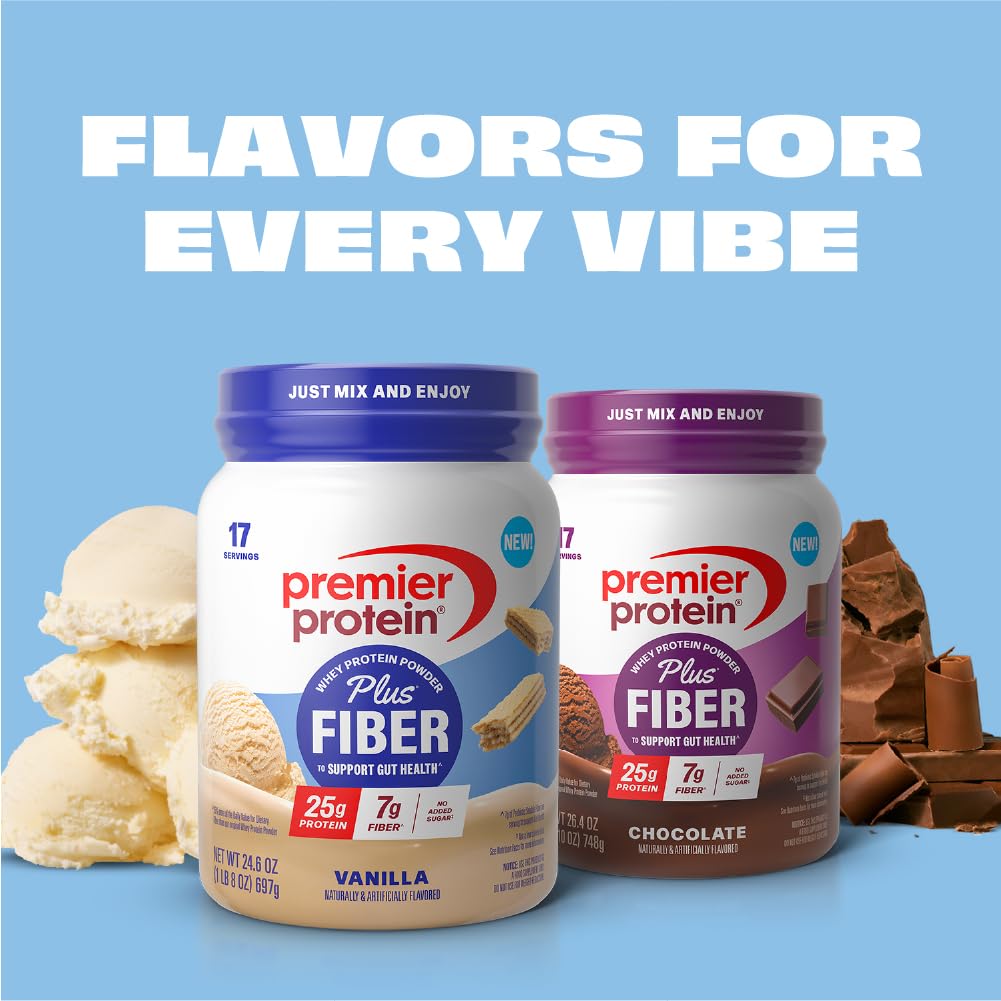 Premier Protein Powder Plus Fiber, Vanilla, 25g Protein, 7g Fiber to Support Gut Health, No Added Sugar (17 Servings) - FENGGESTORE20