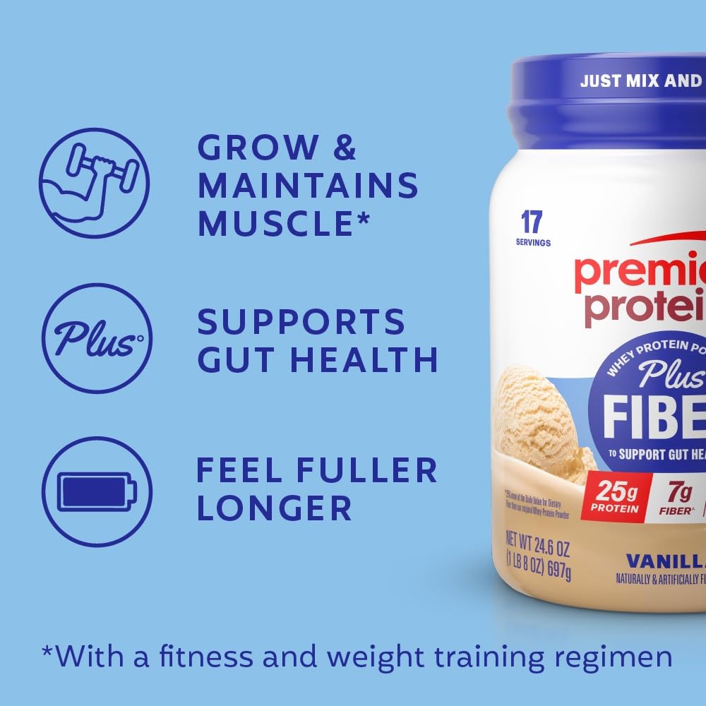 Premier Protein Powder Plus Fiber, Vanilla, 25g Protein, 7g Fiber to Support Gut Health, No Added Sugar (17 Servings) - FENGGESTORE20