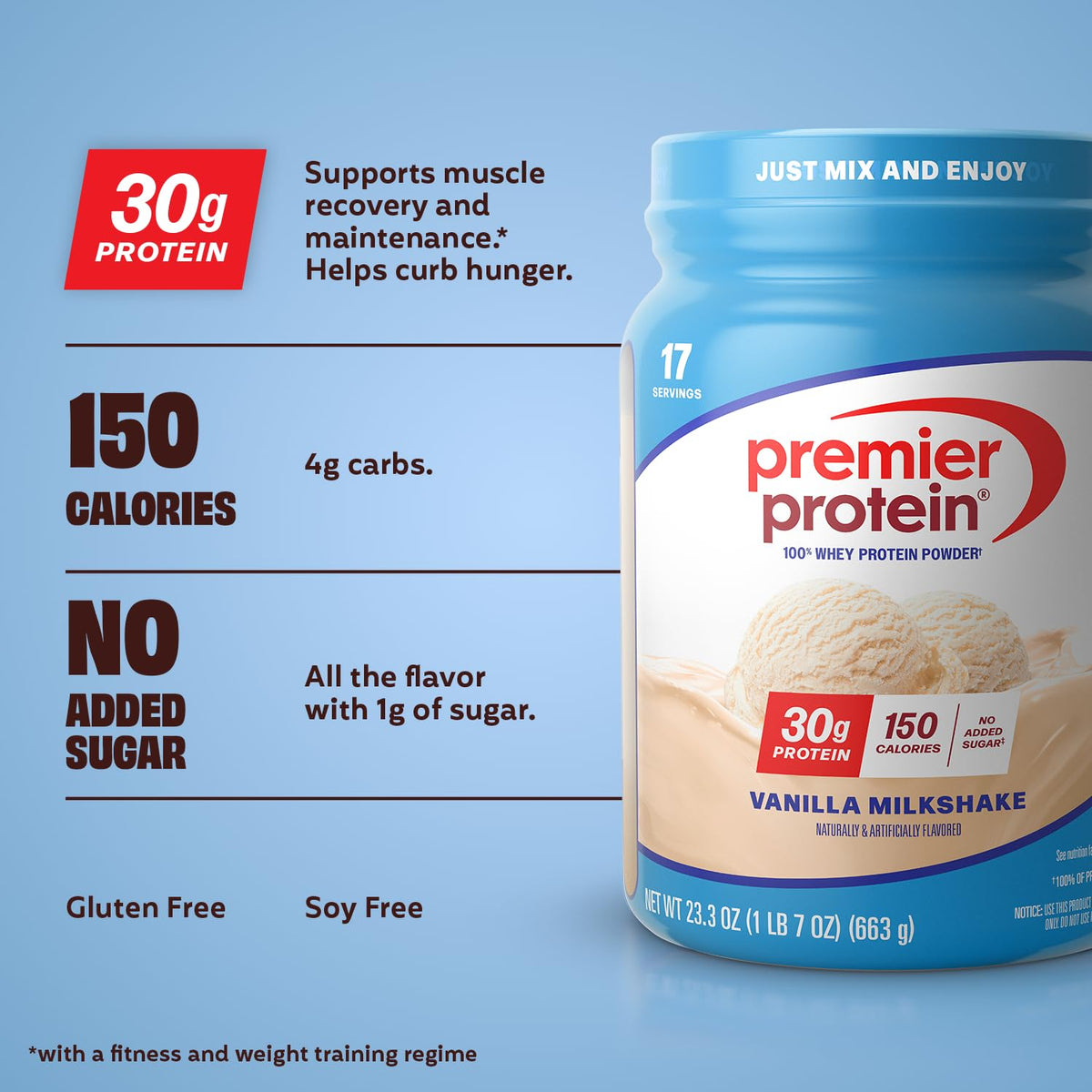 Premier Protein Powder, Vanilla Milkshake, 30g Protein, 1g Sugar, 100% Whey Protein, Keto Friendly, No Soy, Gluten Free, 23.3 oz (17 Servings) - FENGGESTORE20
