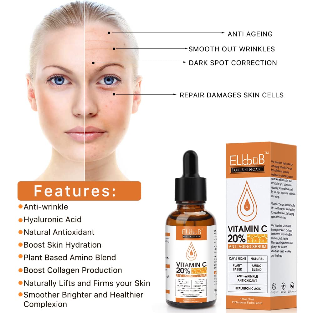 Premium 20% 𝐯𝐢𝐭𝐚𝐦𝐢𝐧 𝐜 𝐬𝐞𝐫𝐮𝐦 - (2PACK) with Hyaluronic Acid, Retinol & Amino Acids - Boost Skin Collagen,Hydrate & Plump Skin, Anti Aging & Wrinkle Facial Serum - FENGGESTORE20