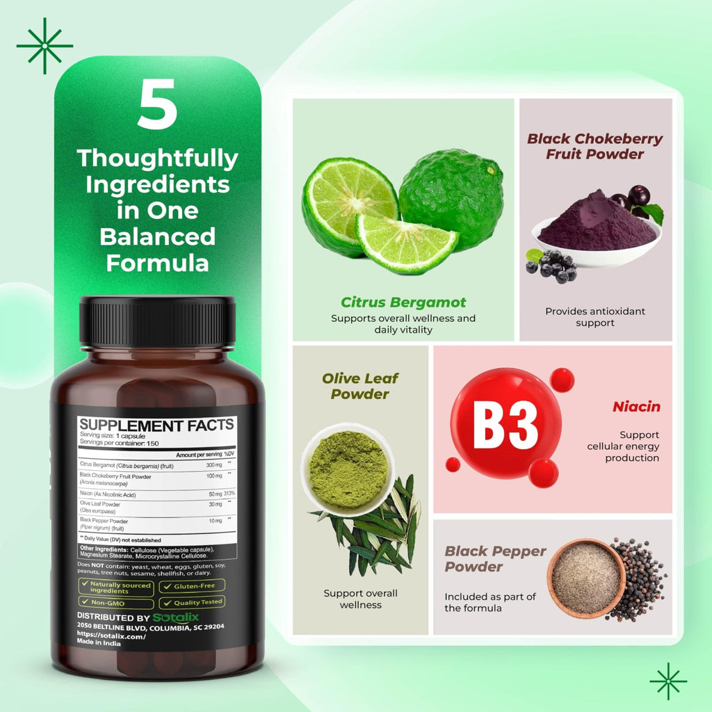 Premium Citrus Bergamot Organic Bergamot Supplement with Niacin Black Chokeberry Olive Leaf Black Pepper - FENGGESTORE20