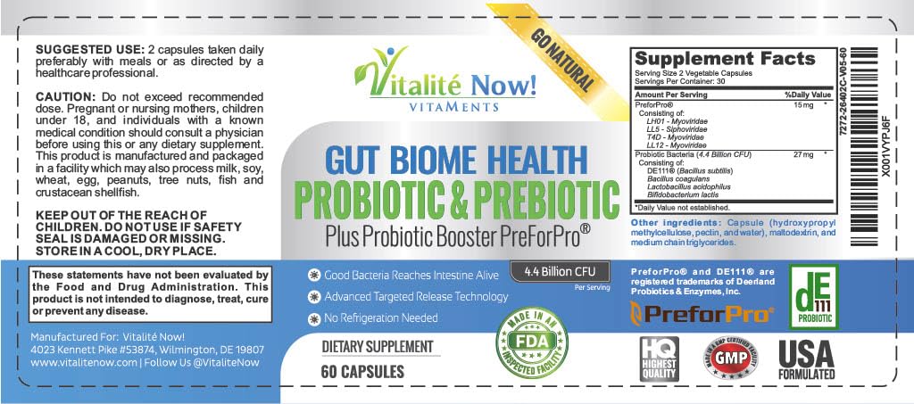Premium Probiotic plus Ultimate Prebiotic - Gut Biome Builder & Restoration - 4.4 Bn CFU - Best for Women & Men - Bacteria Reaches Intestine within Hours - FENGGESTORE20