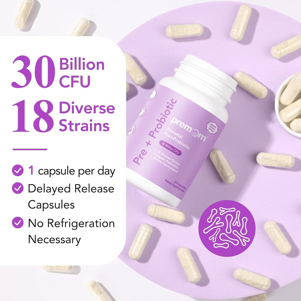 Premom Prenatal Prebiotics & Probiotics for Women, 30 Billion CFU, 18 Strains, Organic Prebiotic & Womens Probiotic, Vaginal, Gut, & Digestive Health + Immune Support Supplement - FENGGESTORE20