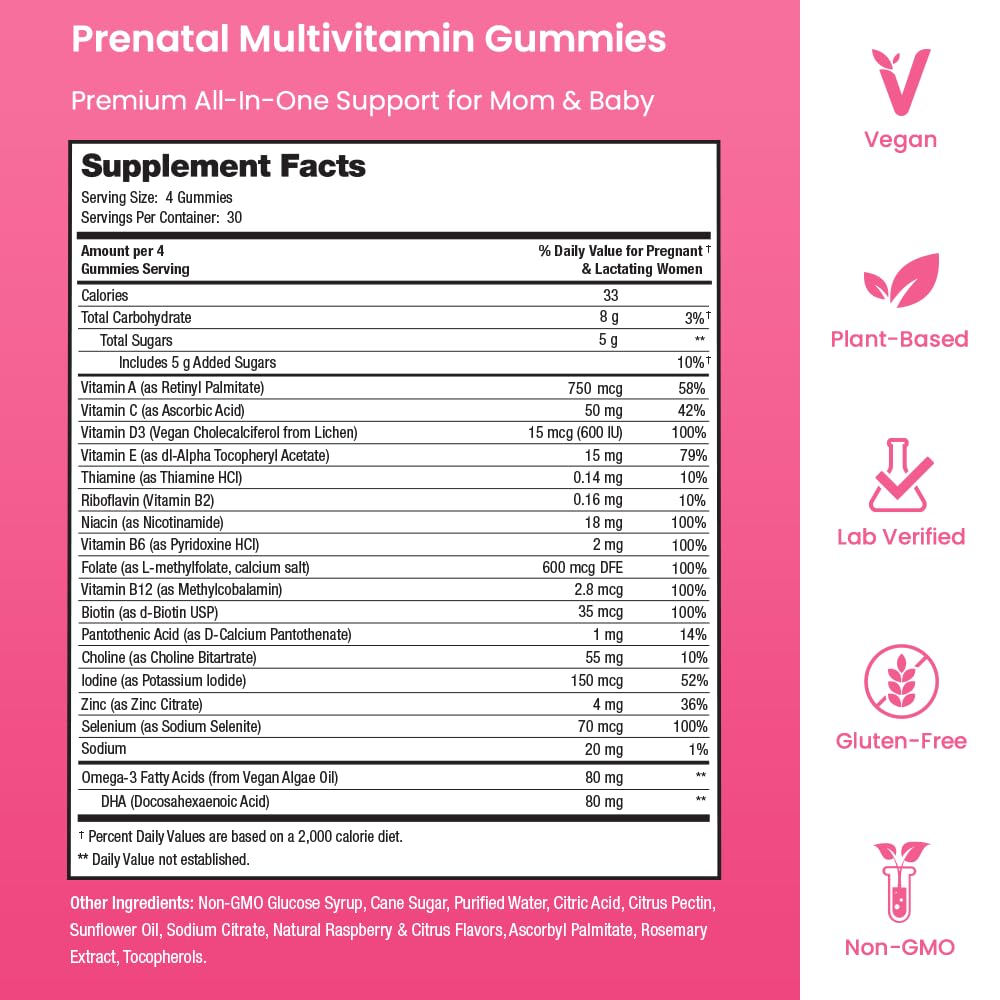 Prenatal Vitamin Gummies with DHA | Vegan Prenatal Vitamins for Women with Omega 3, Methylfolate, Choline & D3, Pregnancy Vitamins for Fetal Development - FENGGESTORE20