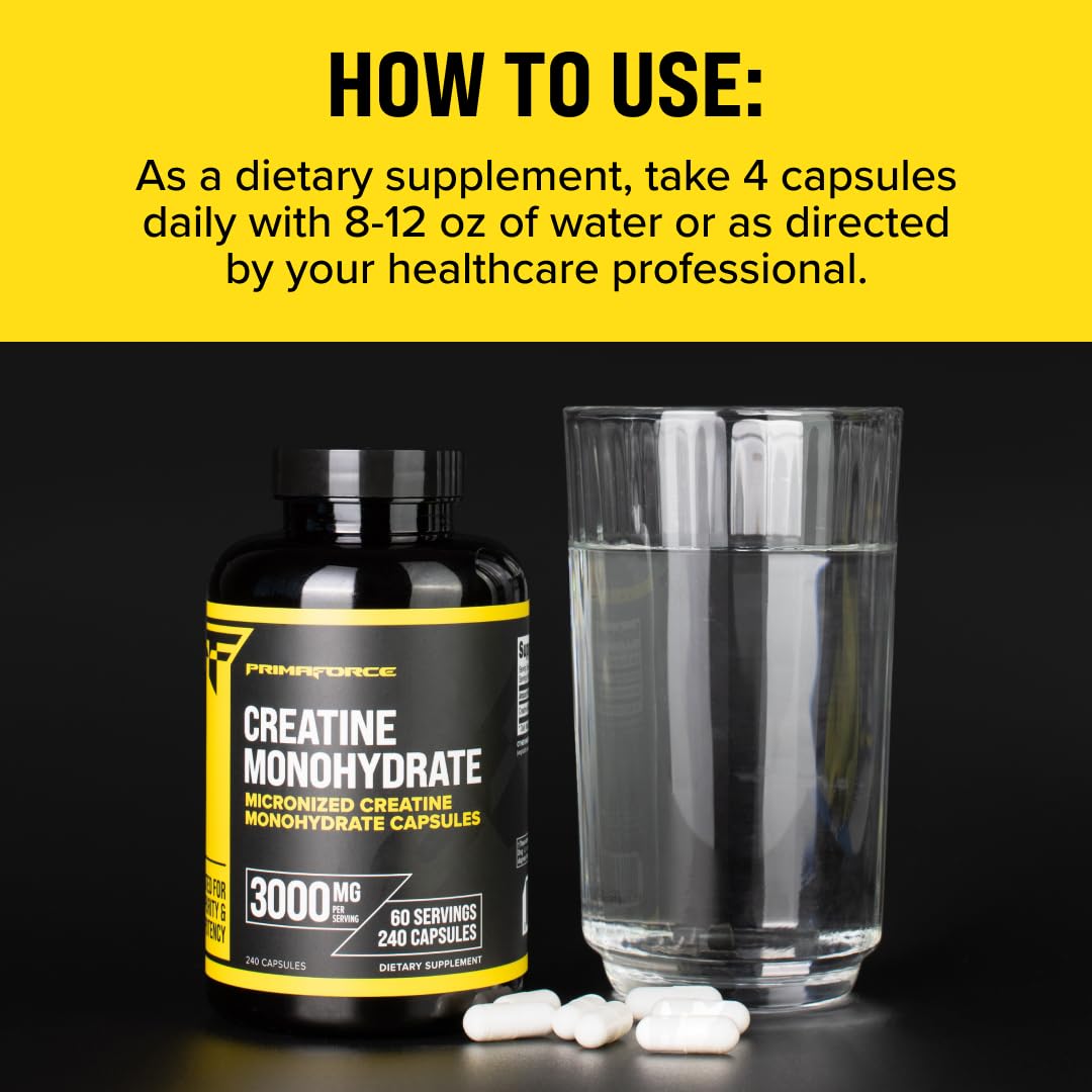 Primaforce Creatine Monohydrate Capsules - 240 Capsules, 3,000mg per Serving, Gluten Free and Non-GMO - FENGGESTORE20