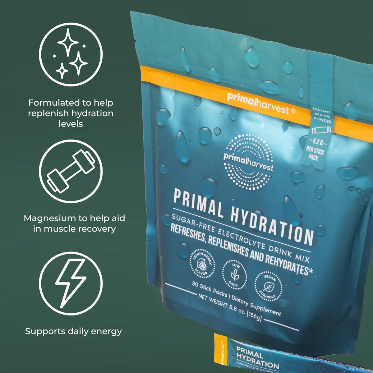 Primal Harvest Electrolytes Powder Packets Primal Hydration, Easy Open Packets, Energy Drink Mix (Lemon Berry, 30 Packs) (1 Bag) - FENGGESTORE20