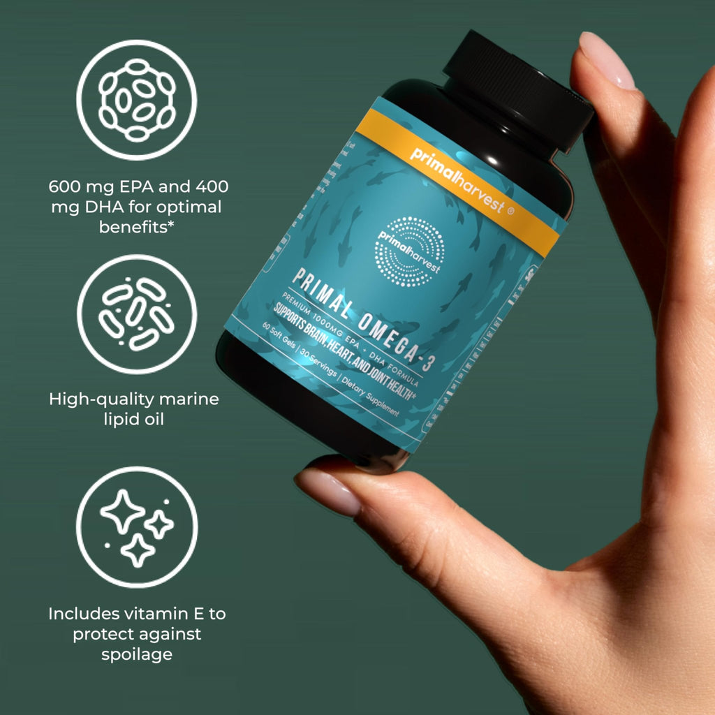 Primal Harvest Omega 3 Fish Oil Supplements, 30 Servings Soft Gels Capsules w/ 1000mg EPA + DHA Supplements, No Fishy Burps Non-GMO Omega 3 Fatty Acid - FENGGESTORE20