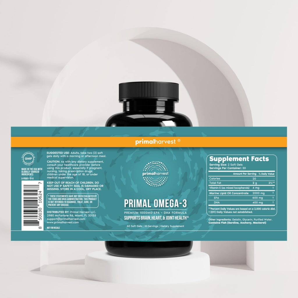 Primal Harvest Omega 3 Fish Oil Supplements, 30 Servings Soft Gels Capsules w/ 1000mg EPA + DHA Supplements, No Fishy Burps Non-GMO Omega 3 Fatty Acid - FENGGESTORE20