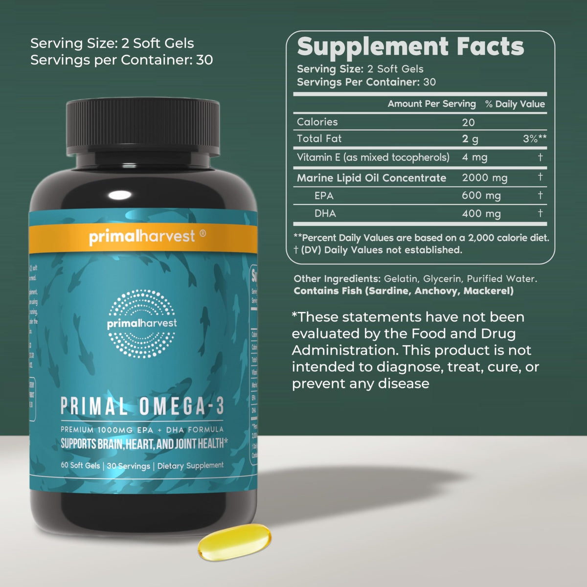 Primal Harvest Omega 3 Fish Oil Supplements, 30 Servings Soft Gels Capsules w/ 1000mg EPA + DHA Supplements, No Fishy Burps Non-GMO Omega 3 Fatty Acid - FENGGESTORE20