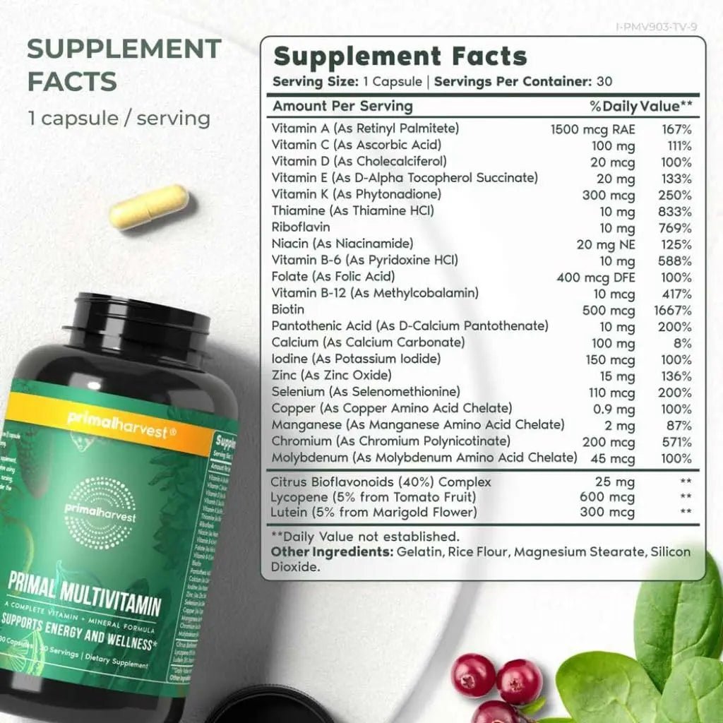 Primal Harvest Primal Multivitamin - Daily Multi-Vitamin Supplement with 21 Essential Vitamins & Minerals for Women & Men - Vitamin A, C, D, E, B12, B6, Biotin - FENGGESTORE20