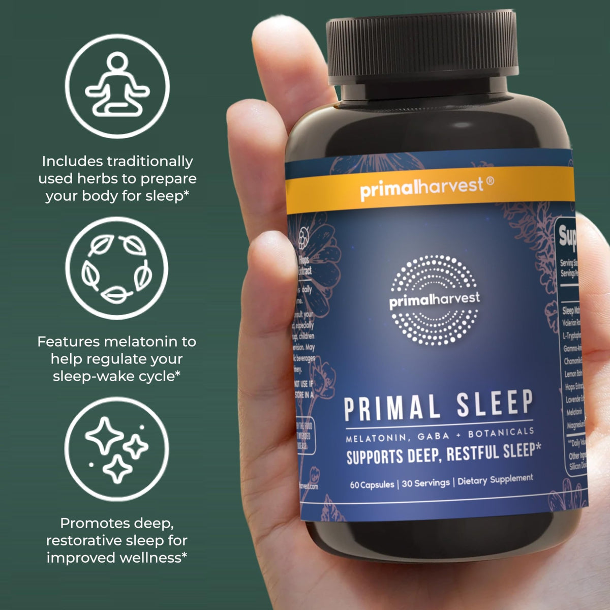 Primal Harvest Primal Sleep Support Supplement for Adults with Melatonin, GABA, Valerian Root, L-Tryptophan, Magnesium Bisglycinate Chelate - FENGGESTORE20