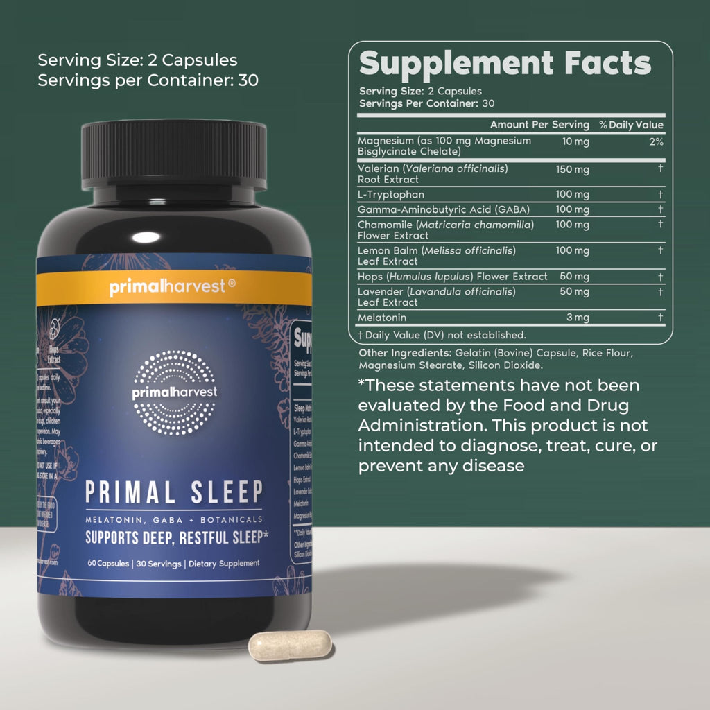 Primal Harvest Primal Sleep Support Supplement for Adults with Melatonin, GABA, Valerian Root, L-Tryptophan, Magnesium Bisglycinate Chelate - FENGGESTORE20