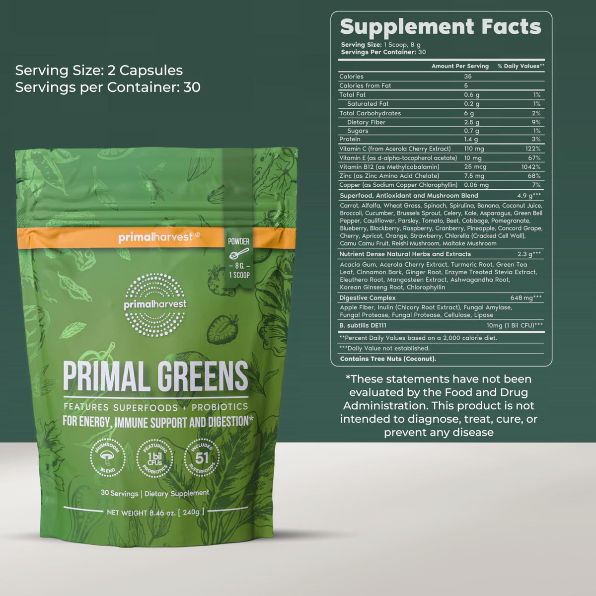 Primal Harvest Super Greens Powder, 30 Servings w/+50 Greens Superfood Chlorella, Probiotics, Green Tea, Wheatgrass, - FENGGESTORE20