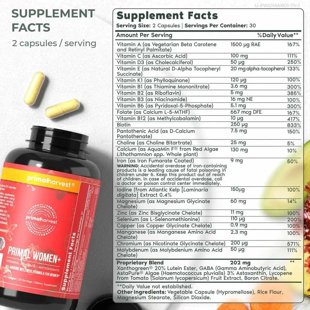 Primal Harvest Women+, Woman's Multivitamin Vitamin A, Vitamin C, Vitamin D and E, Vitamin B12, B6, Biotin, Zinc Supplements,1 Pack 60 Capsules - FENGGESTORE20
