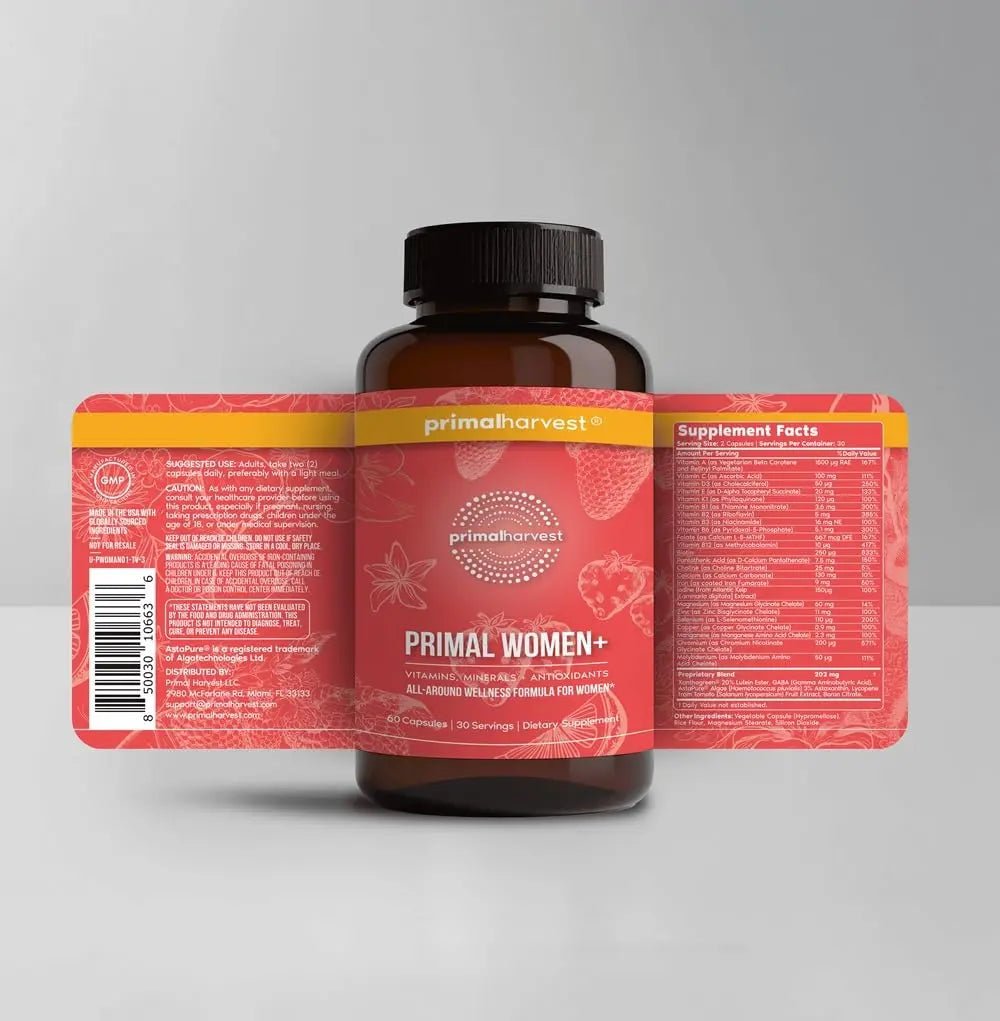 Primal Harvest Women+, Woman's Multivitamin Vitamin A, Vitamin C, Vitamin D and E, Vitamin B12, B6, Biotin, Zinc Supplements,1 Pack 60 Capsules - FENGGESTORE20