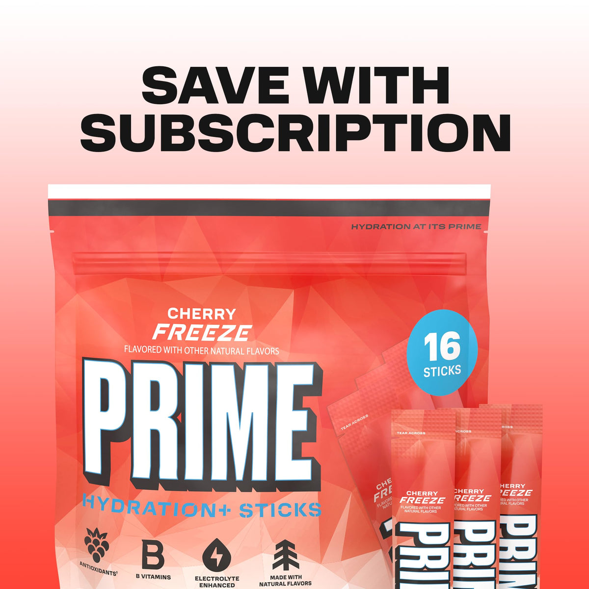 PRIME HYDRATION+ Electrolyte Powder Sticks, Cherry Freeze, Sugar Free Hydration Drink Mix with Potassium, Magnesium & B Vitamins - FENGGESTORE20