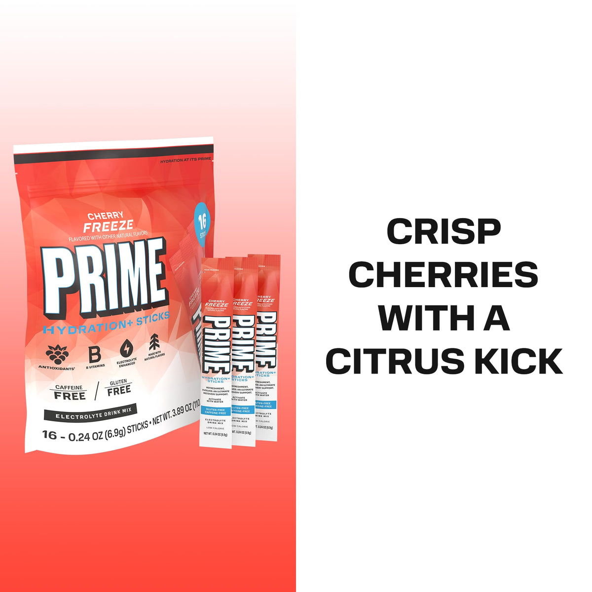 PRIME HYDRATION+ Electrolyte Powder Sticks, Cherry Freeze, Sugar Free Hydration Drink Mix with Potassium, Magnesium & B Vitamins - FENGGESTORE20