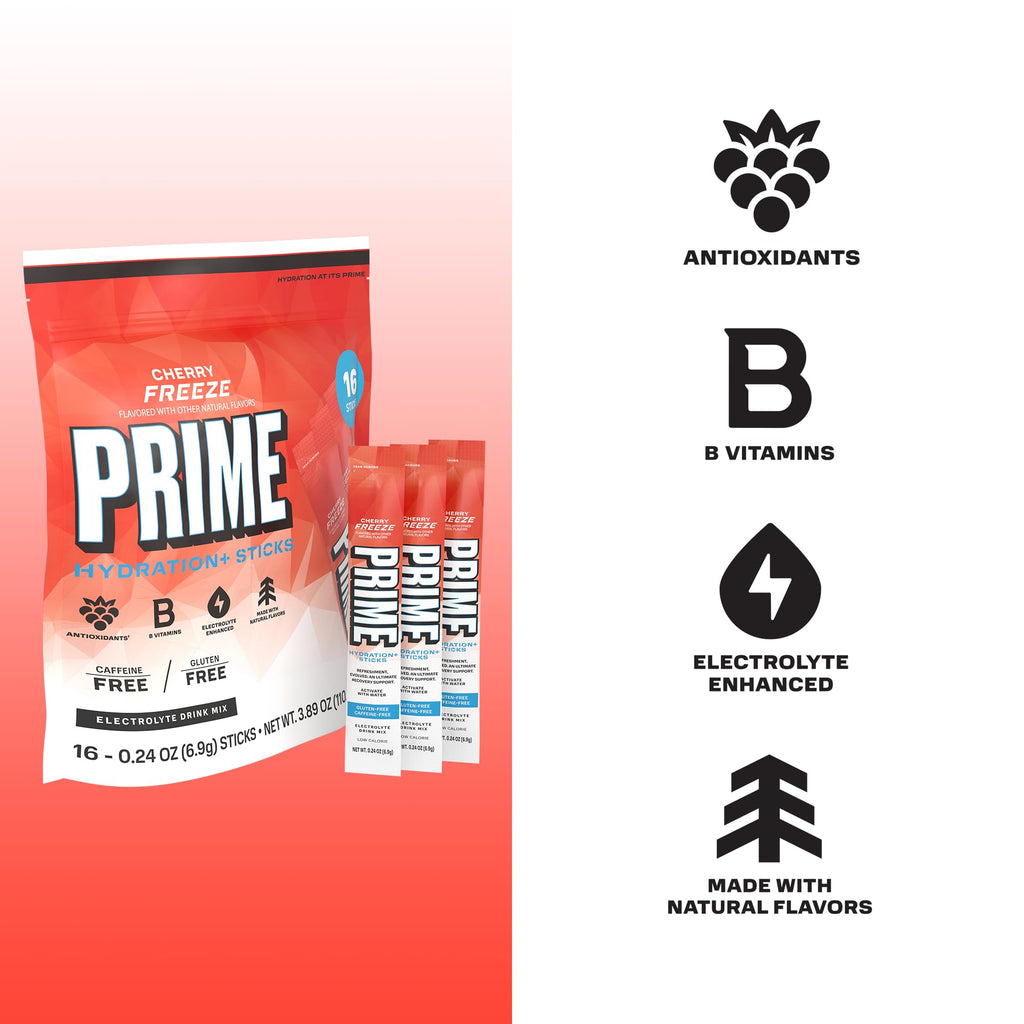 PRIME HYDRATION+ Electrolyte Powder Sticks, Cherry Freeze, Sugar Free Hydration Drink Mix with Potassium, Magnesium & B Vitamins - FENGGESTORE20