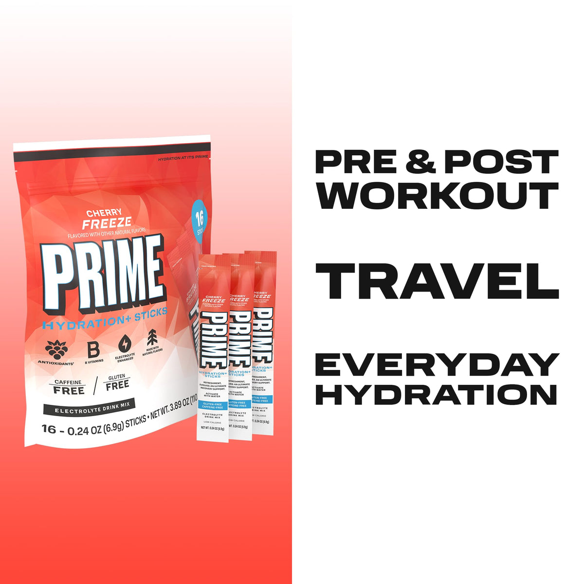 PRIME HYDRATION+ Electrolyte Powder Sticks, Cherry Freeze, Sugar Free Hydration Drink Mix with Potassium, Magnesium & B Vitamins - FENGGESTORE20