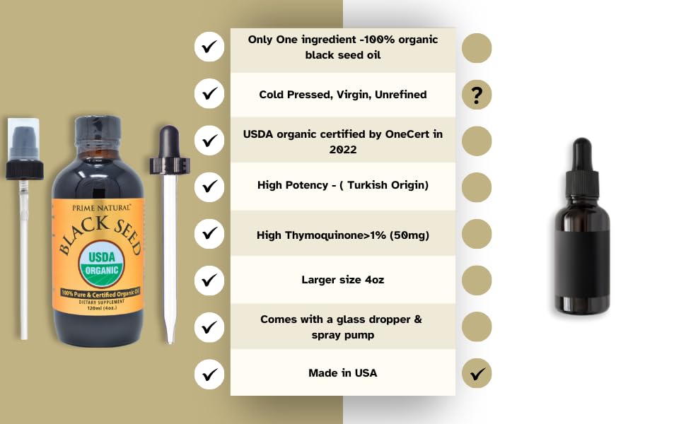 Prime Natural Organic Black Seed Oil 4oz - Cold Pressed Unrefined High Thymoquinone 1.7% USDA Certified - Turkish Origin Potent Nigella Sativa Liquid - FENGGESTORE20