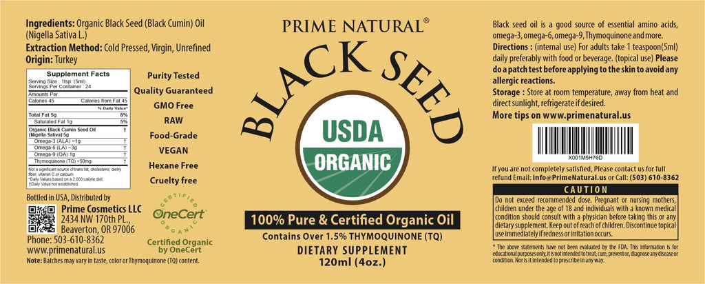 Prime Natural Organic Black Seed Oil 4oz - Cold Pressed Unrefined High Thymoquinone 1.7% USDA Certified - Turkish Origin Potent Nigella Sativa Liquid - FENGGESTORE20