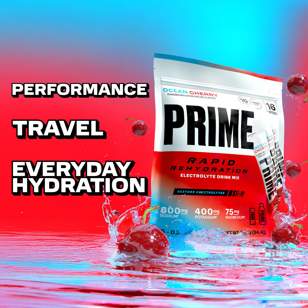 Prime Rapid Rehydration Electrolyte Powder Sticks, Ocean Cherry, Sugar Free Hydration Drink Mix with Sodium, Potassium, Magnesium & B Vitamins - FENGGESTORE20