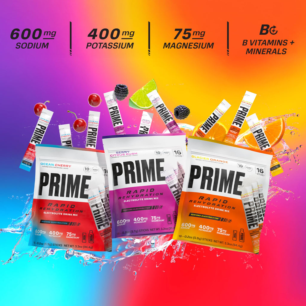 Prime Rapid Rehydration Electrolyte Powder Sticks, Ocean Cherry, Sugar Free Hydration Drink Mix with Sodium, Potassium, Magnesium & B Vitamins - FENGGESTORE20