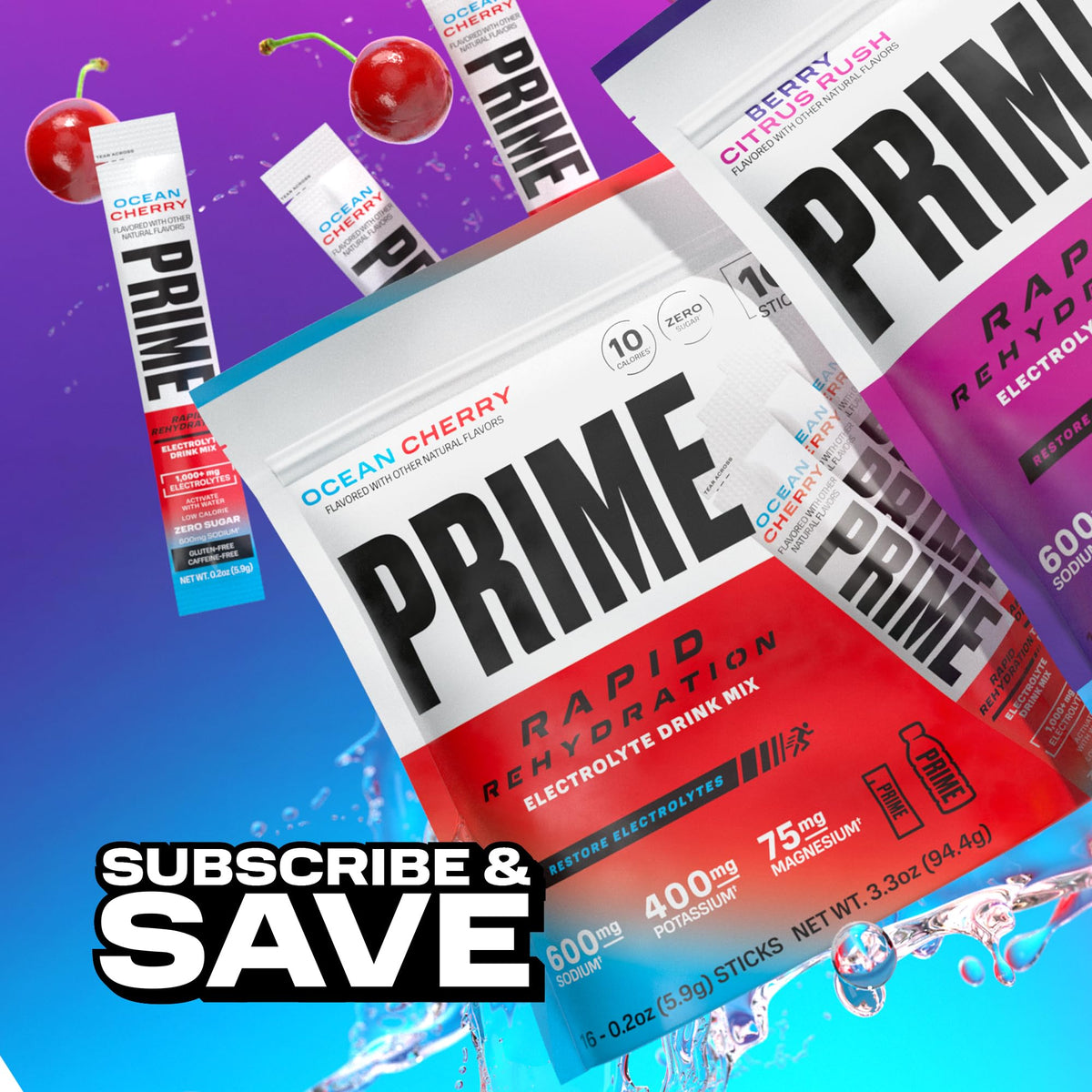 Prime Rapid Rehydration Electrolyte Powder Sticks, Ocean Cherry, Sugar Free Hydration Drink Mix with Sodium, Potassium, Magnesium & B Vitamins - FENGGESTORE20