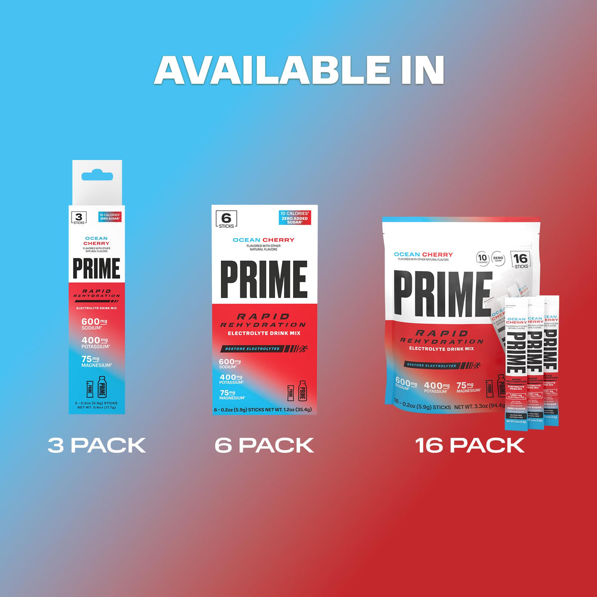 Prime Rapid Rehydration Electrolyte Powder Sticks, Ocean Cherry, Sugar Free Hydration Drink Mix with Sodium, Potassium, Magnesium & B Vitamins - FENGGESTORE20
