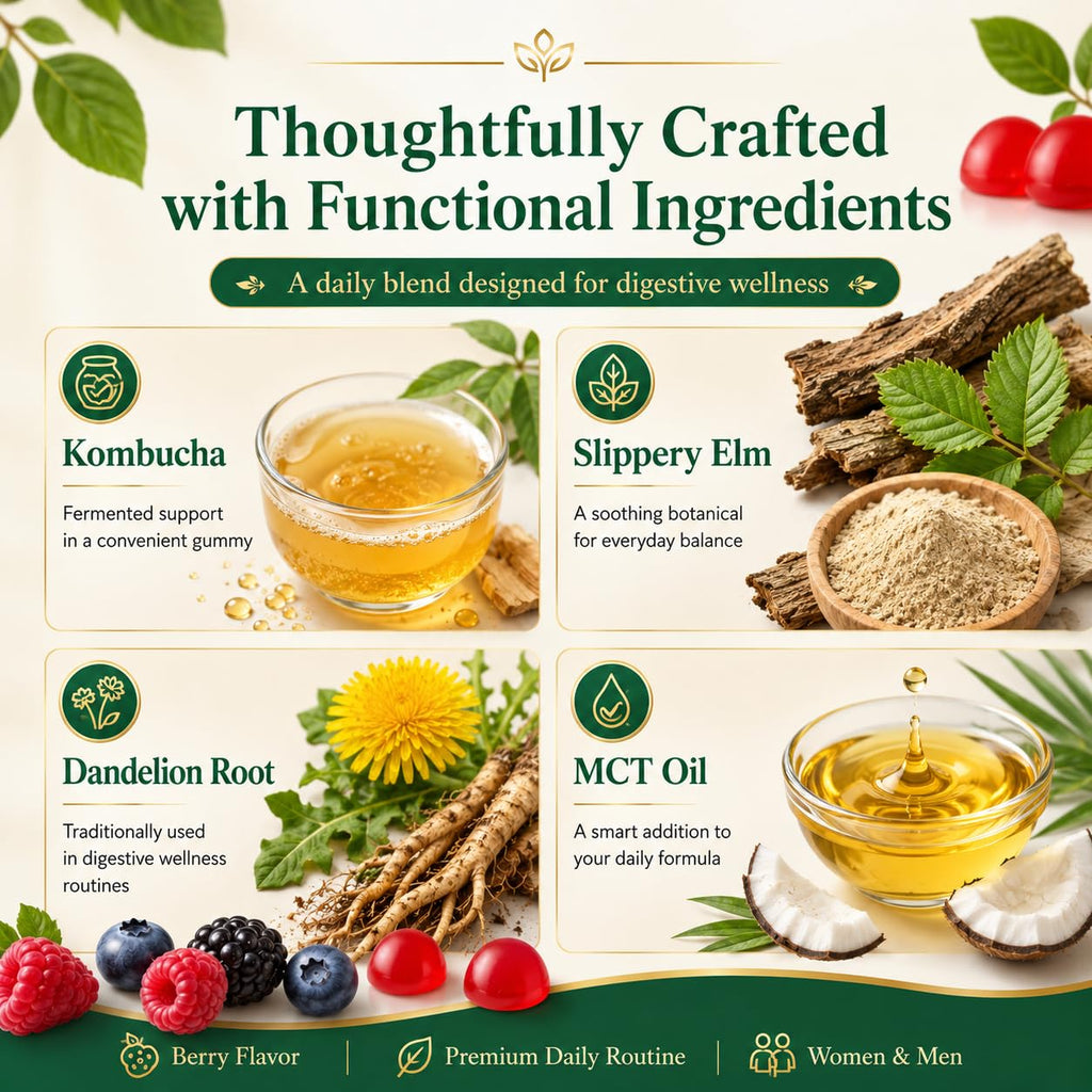 PRIMEHAVEN Probiotic Kombucha Gummies - Prebiotics, Probiotics, Postbiotics, Fiber Supplement, Slippery Elm, Dandelion Root, for Bloating, Gut Health - FENGGESTORE20