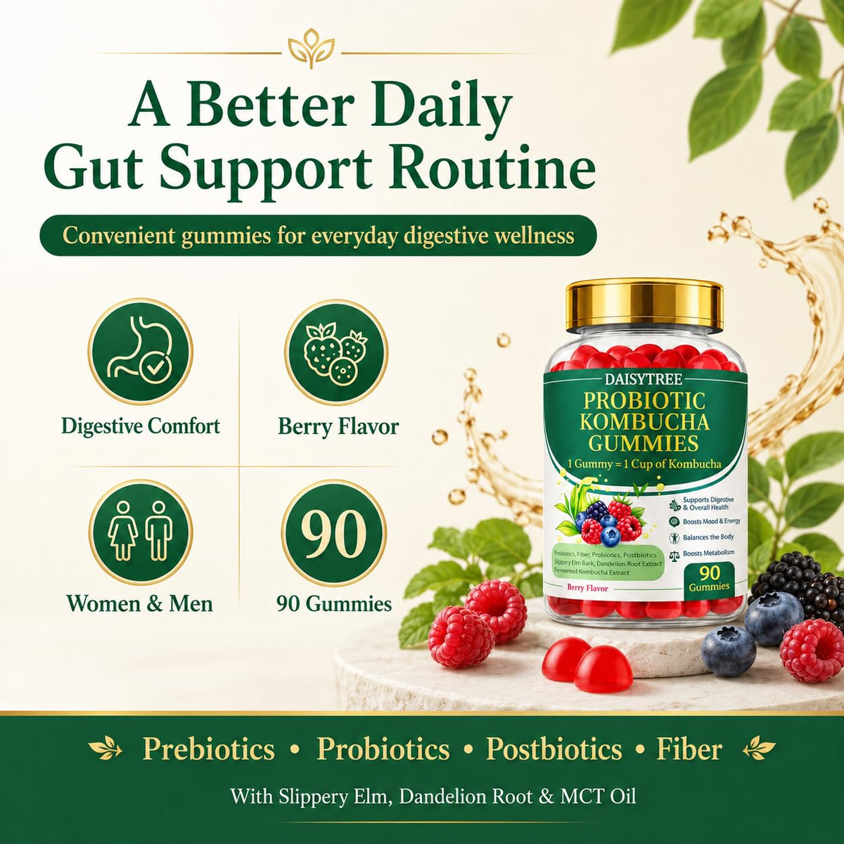 PRIMEHAVEN Probiotic Kombucha Gummies - Prebiotics, Probiotics, Postbiotics, Fiber Supplement, Slippery Elm, Dandelion Root, for Bloating, Gut Health - FENGGESTORE20